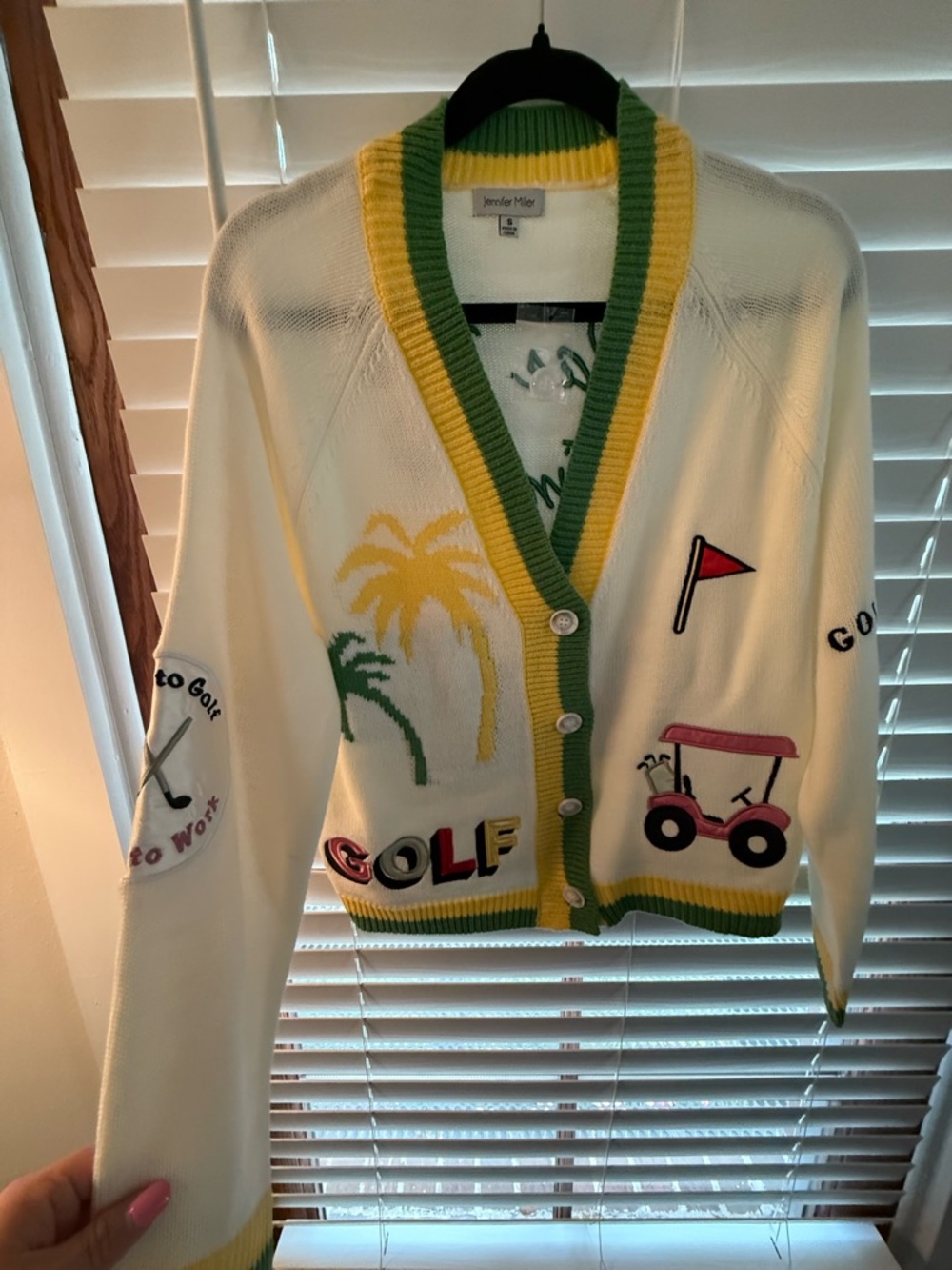 White V-Neck Golf Cardigan Sweater with Green & Yellow Trim
